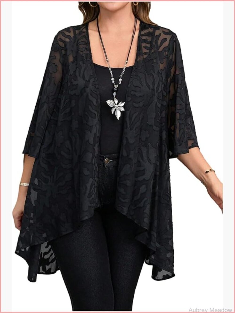 Plus Size Lace Sheer Open Front Cardigan Lightweight 3/4 Sleeve Ruffle Kimono